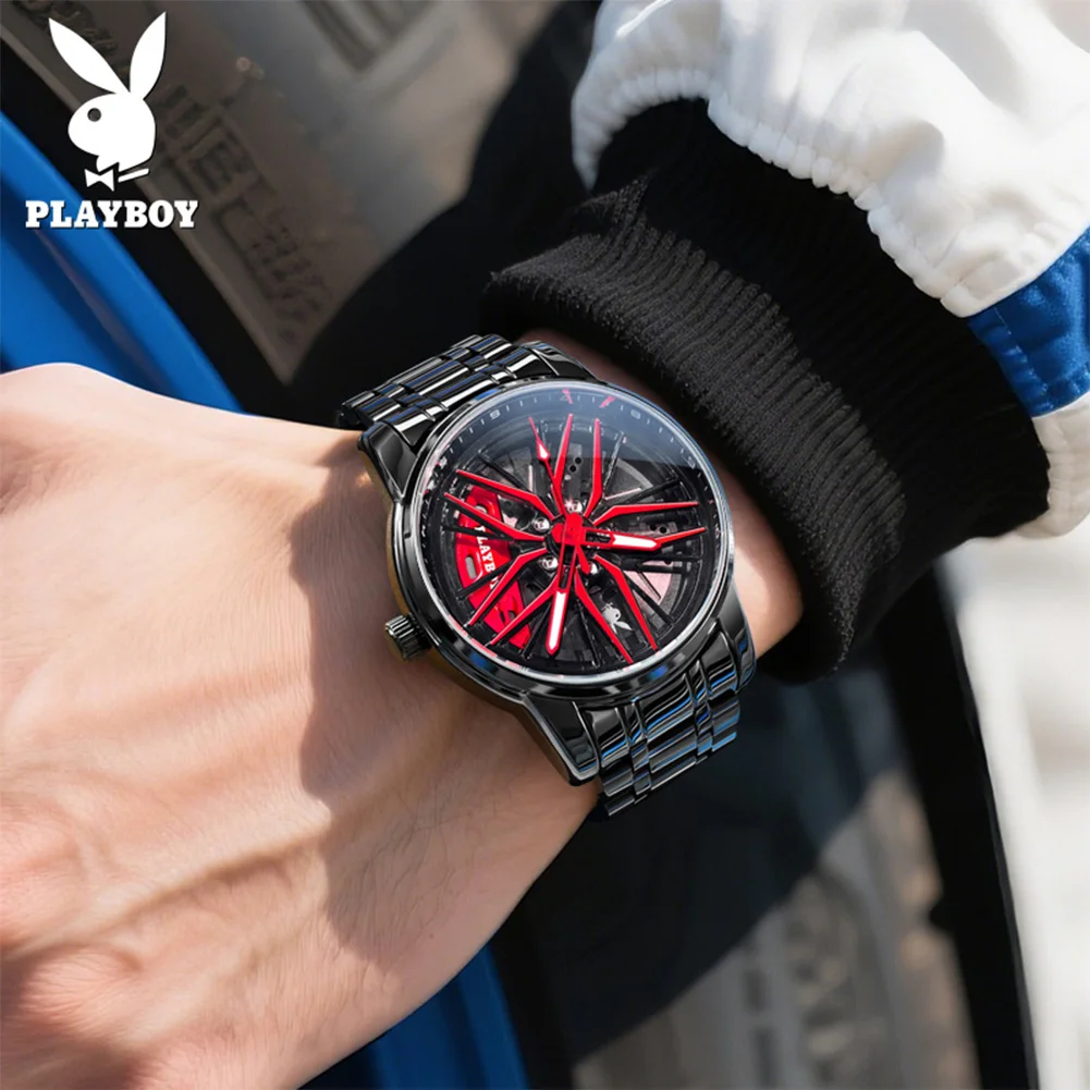 PLAYBOY 3522 Original Quartz Men Supercar Wheel Watch 360° Rotating Dial HD Luminous 30m Waterproof Timekeeping Classic Watch
