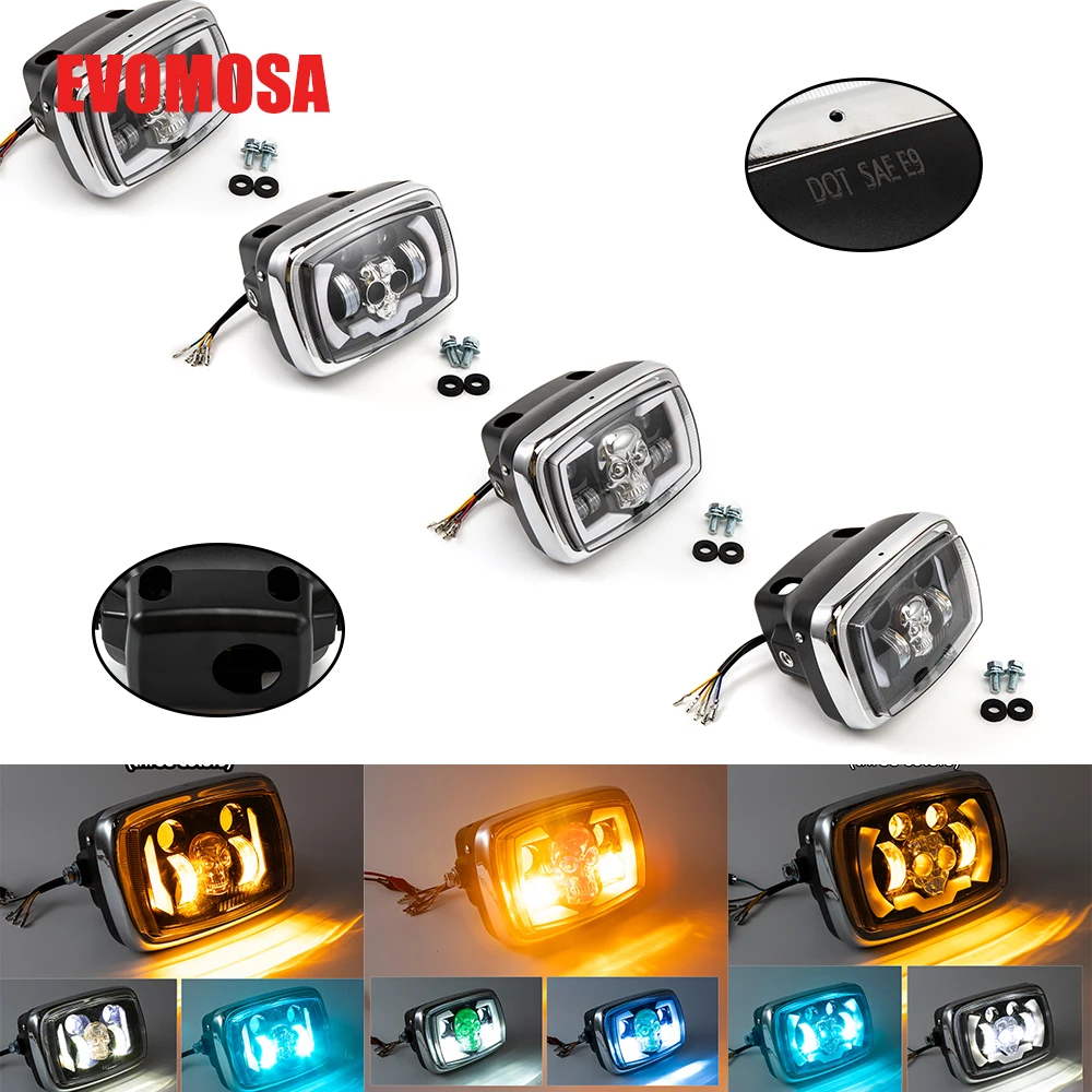 12‑24V Motorcycle Skull Shape Square LED Headlight Waterproof Hi‑Lo Beam DRL Ambient Light Turn Signal Strobe Lamp For Vintage