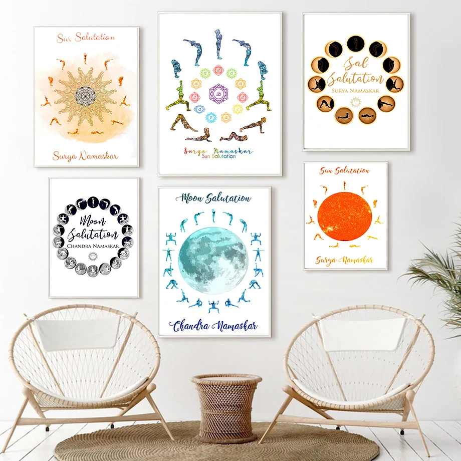 Yoga Pose Sun Moon Salutation Home Wall Art Canvas Painting Nordic Posters And Prints Pictures For Gym Fitness Room Decor