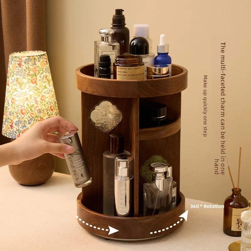 Solid Wood Rotating Makeup Organizer, Desktop Storage Rack, Vanity Table, Cosmetic Stand, Multi-Functional Beauty Display Shelf