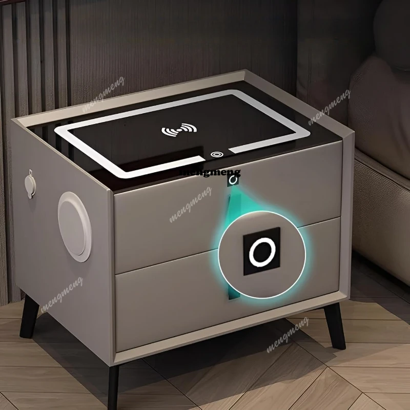 Solid Wood Smart Nightstand Wireless Charging Night Stand Fingerprint Lock Bedside Table Speaker and USB Charging 2 Drawers