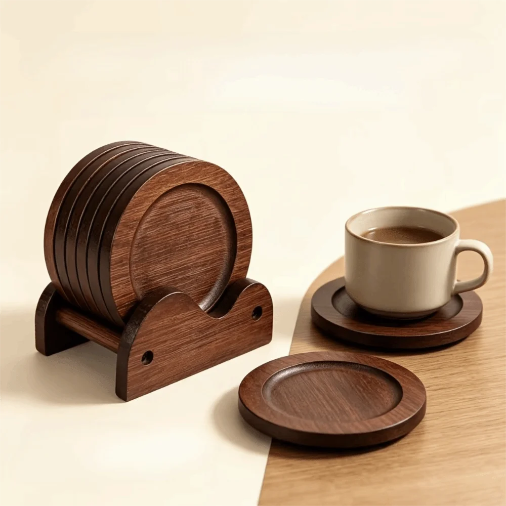 Durable Retro Bamboo Coaster Set Heat Resistant Non Slip Tea Cup Mat With Holder Insulated Heat Cup Mat Gift