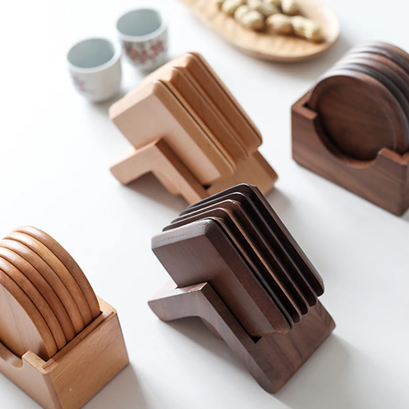 6Pcs Wooden Coaster Set with Holder Square Wood Coasters for Drinks Tea Coffee Cup Mats Mug Coaster Placemats Table Accessories