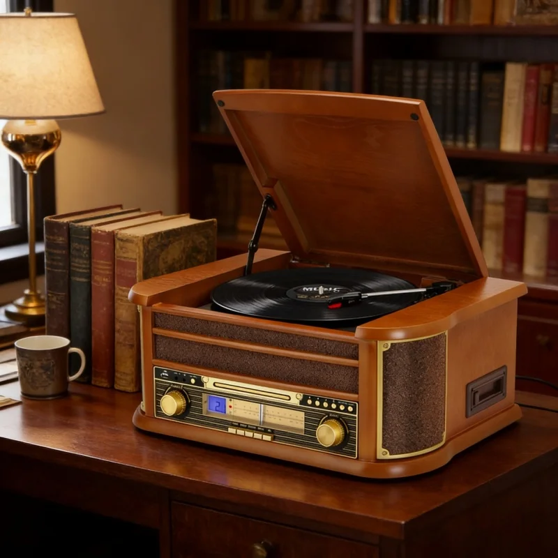 Bluetooth Vintage Vinyl Turntable Record Player Stereo Speaker Combo with CD Cassette Player AM FM Radio USB Recorder
