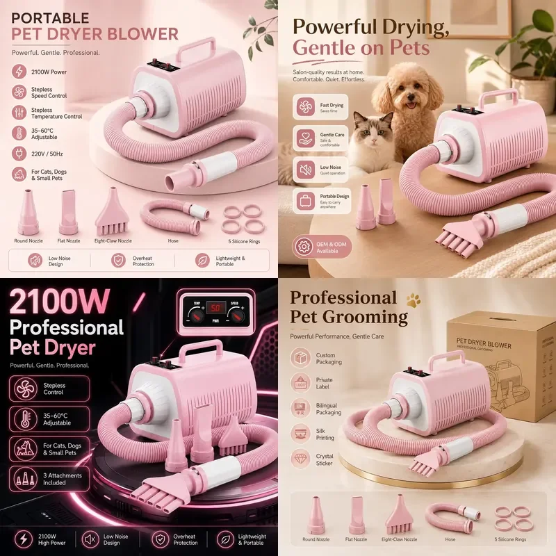For 2100W Professional Pet Hair Dryer with LED Display Anion Grooming Blower 500H Continuous Use Self Cleaning Safe Easy