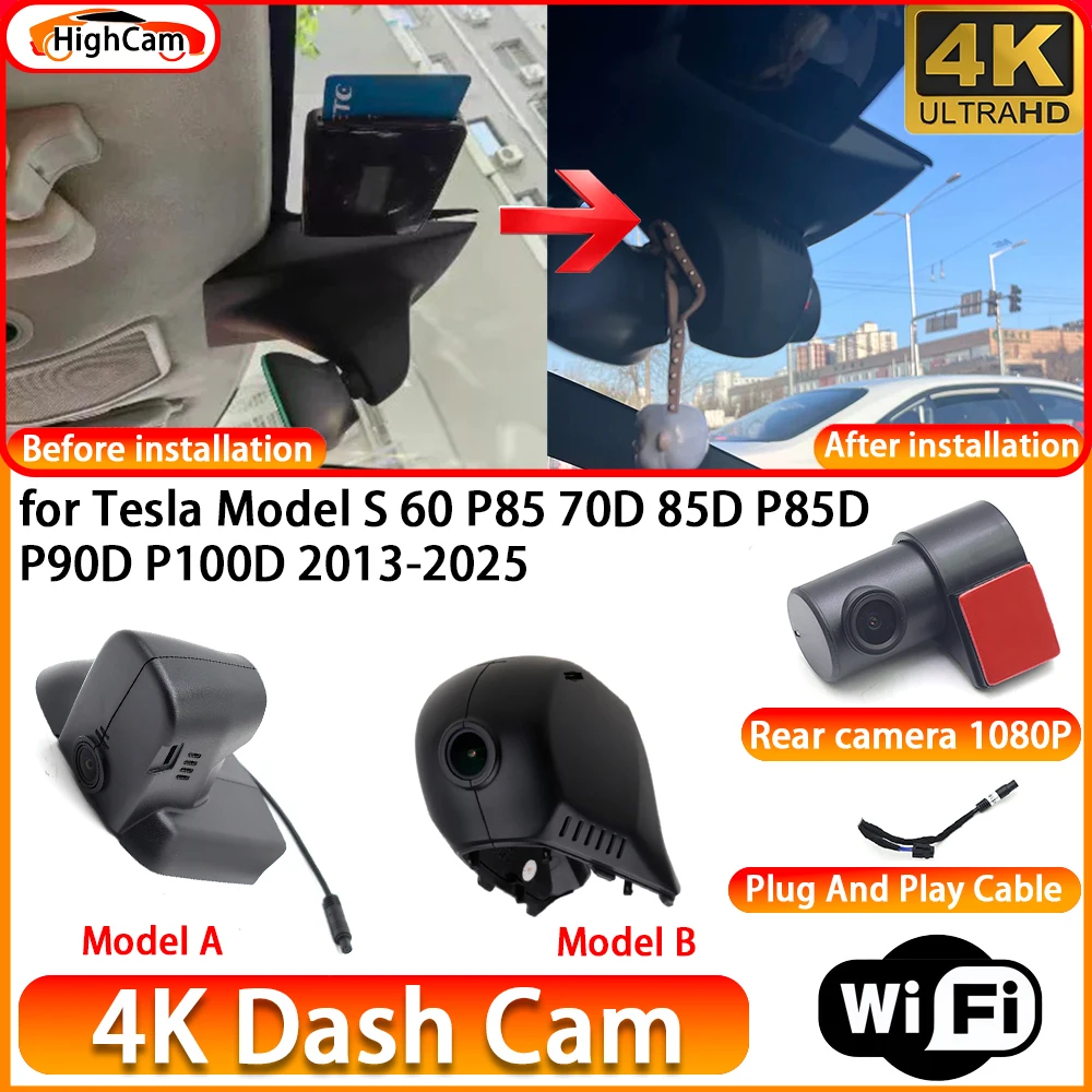 HighCam for Tesla Model S 60 P85 70D 85D P85D P90D P100D 2013-2025 OEM 4K DVR Dash Cam Front Rear Camera WiFi Video Recorder