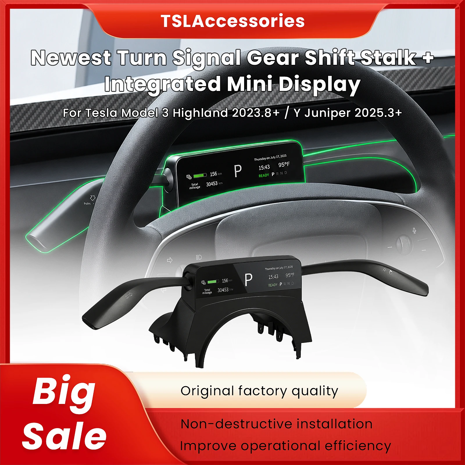 Turn Signal Gear Shift Stalk with Mini Display Screen for Tesla Model 3 Highland / Y Juniper / Y L Physical Control Upgrade Kit