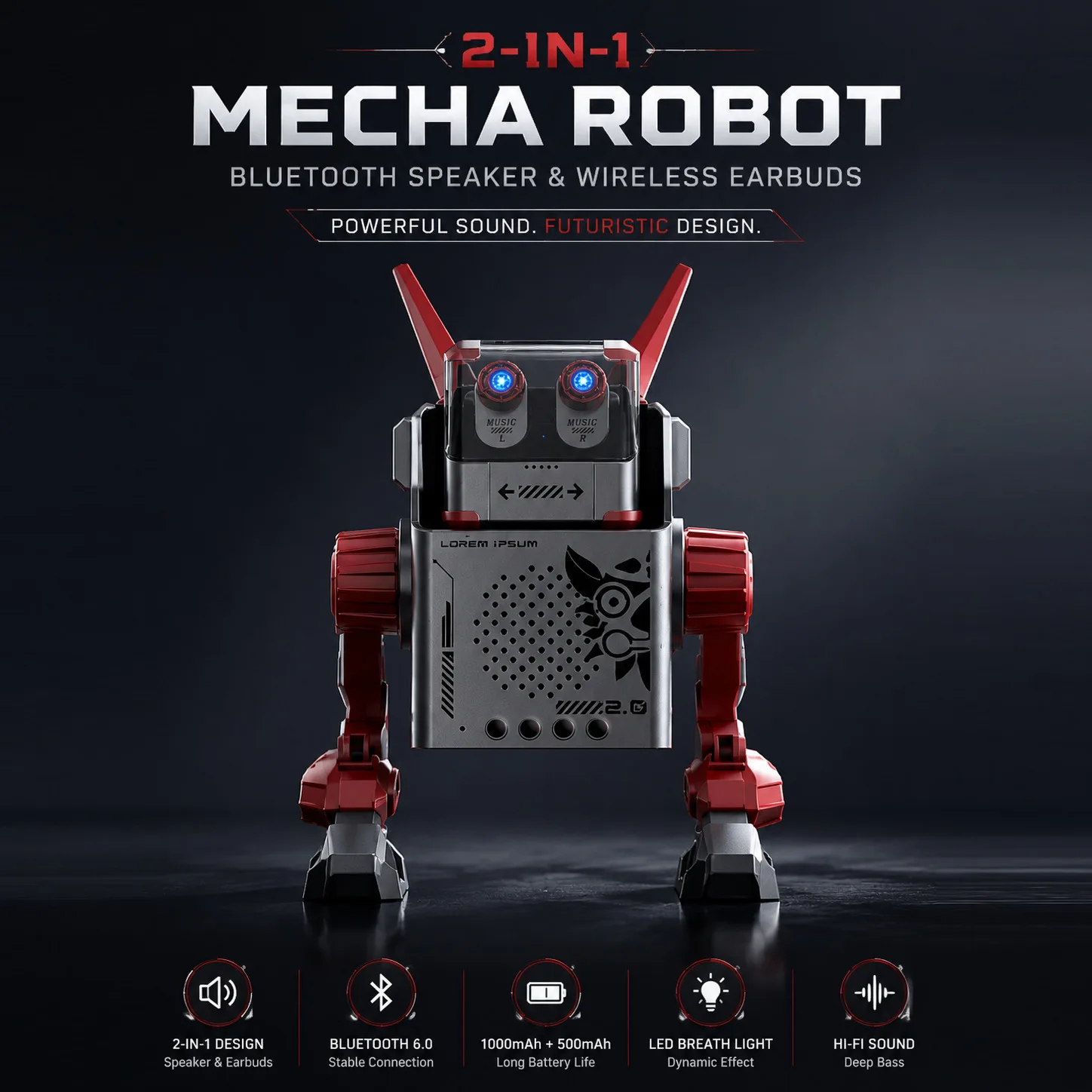 2-in-1 Mecha Robot Speaker & TWS Bluetooth6.0 Earbuds HIFI Bass Gaming Audio LED Light TF Card Desk Decor Gift For Gamers