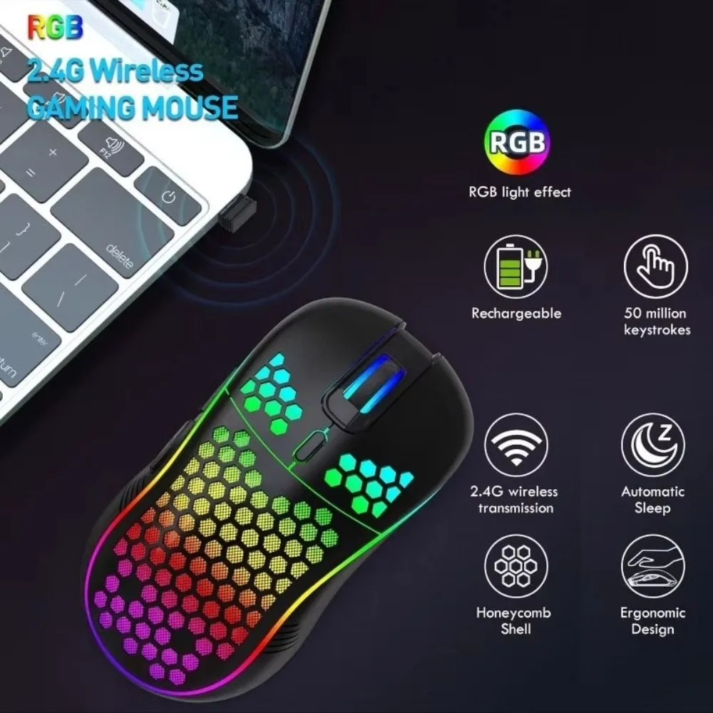 Adjustable DPI RGB Lighting Mouse Ergonomic Design Honeycomb Shell Gaming Mouse Colorful LED Backlit 2.4G Wireless Mouse