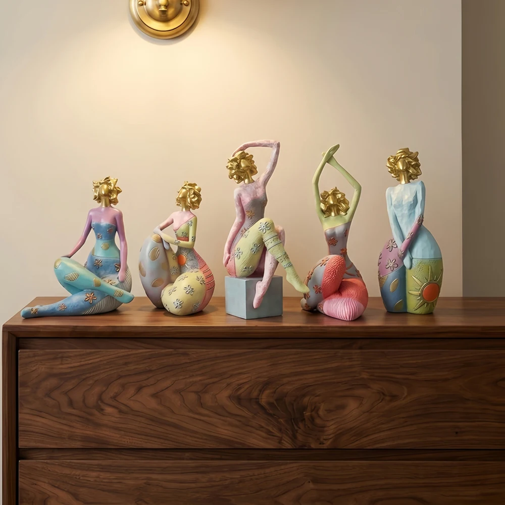 Bohemian Yoga Girl Resin Statues Colorful Abstract Female Sculpture Home Table Shelf Decoration Art Ornament