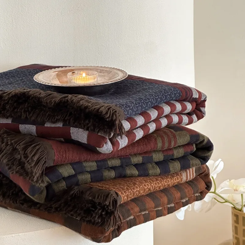 Cozy Vintage Throw Blanket: 100% Cotton Gauze, Fringed Edge for Sofa, Bed, Nap | Warm & Multi-Use