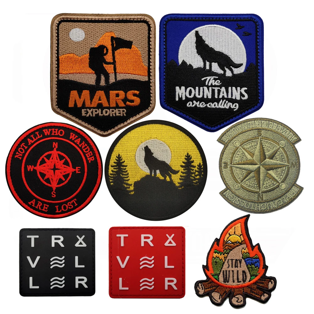 3D Embroidered Wolf Roar Patch Armband Jungle Sunrise Mountain Camping Scenery Compass Backpack Sticker Jacket Patch