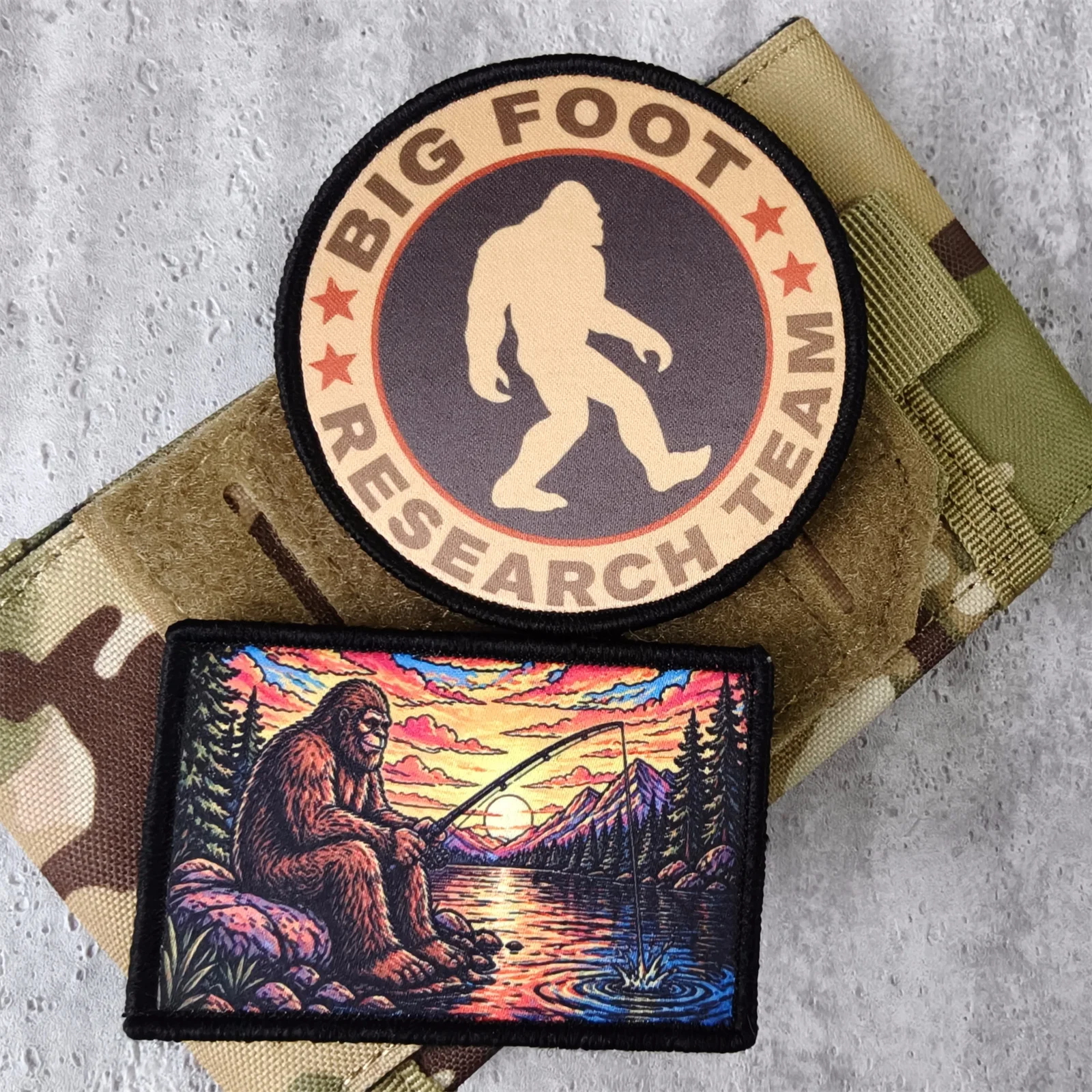 1/2Pcs Bigfoot Sasquatch Morale Patches Fishing Sunset Research Team Hook and Loop Tactical Badges for Backpacks Hiking Gear
