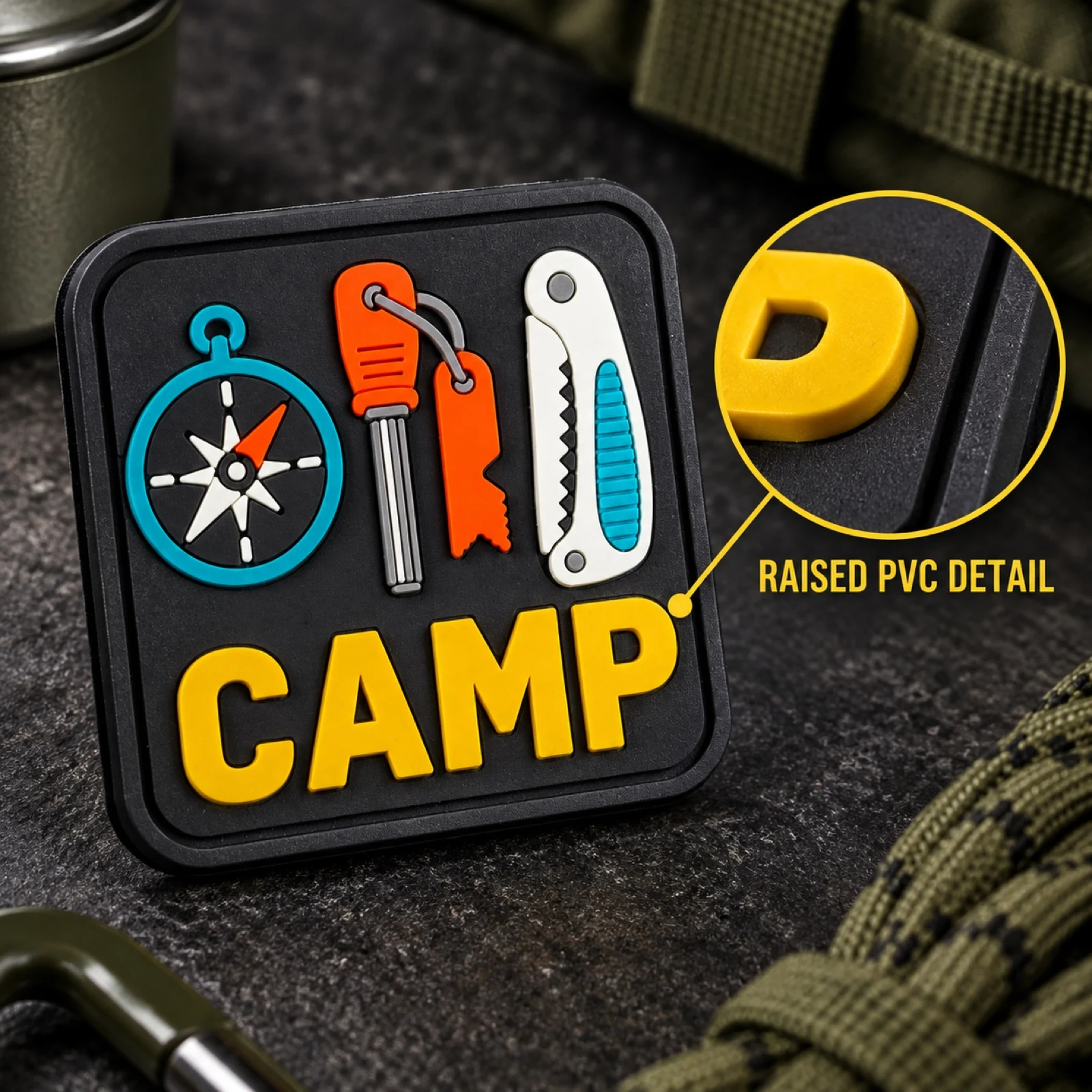 1PC Camp Tools PVC Outdoor Morale Patch Compass Fire Starter Knife 3D Rubber Emblem Hook And Loop Fastener for Backpack Vest