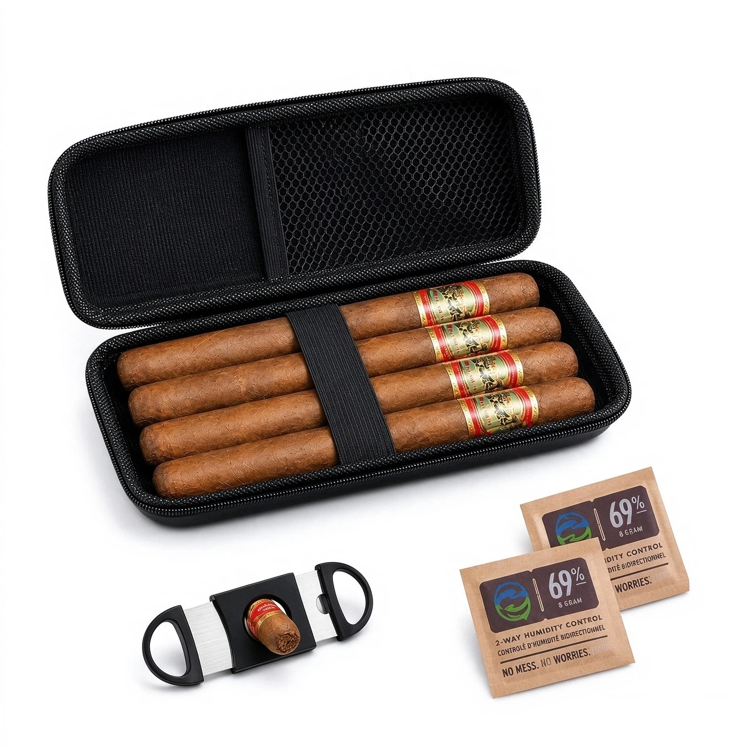 Portable Cigar Case with 2pcs Humidity Control Pack and Straight Cutter Waterproof Airtight Travel Humidor Compact Cigar Box