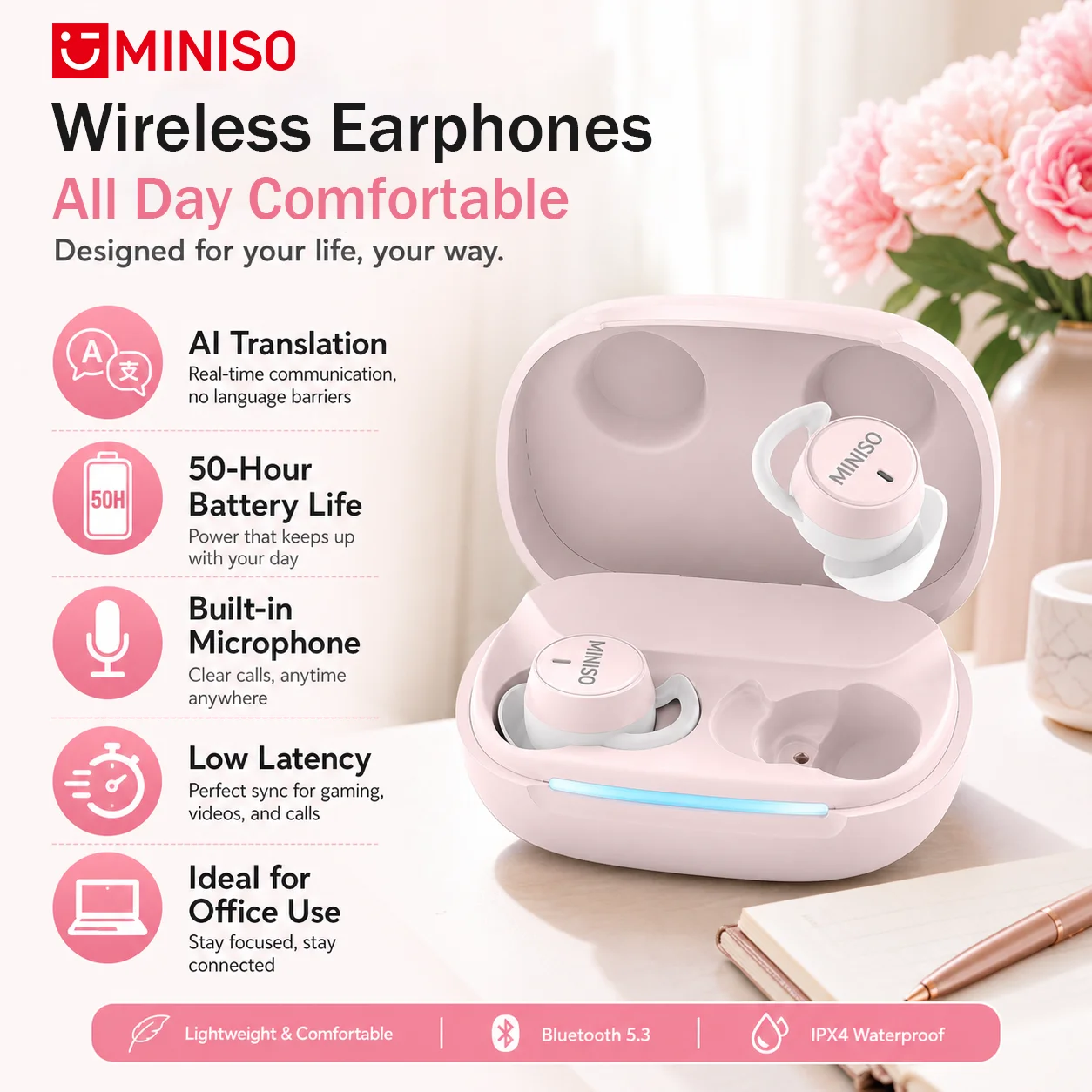MINISO MS217 Wireless Earbuds: Smart AI 150+ Languages Translator, 50H Battery, Low Latency, Comfort Fit for Office Sleep