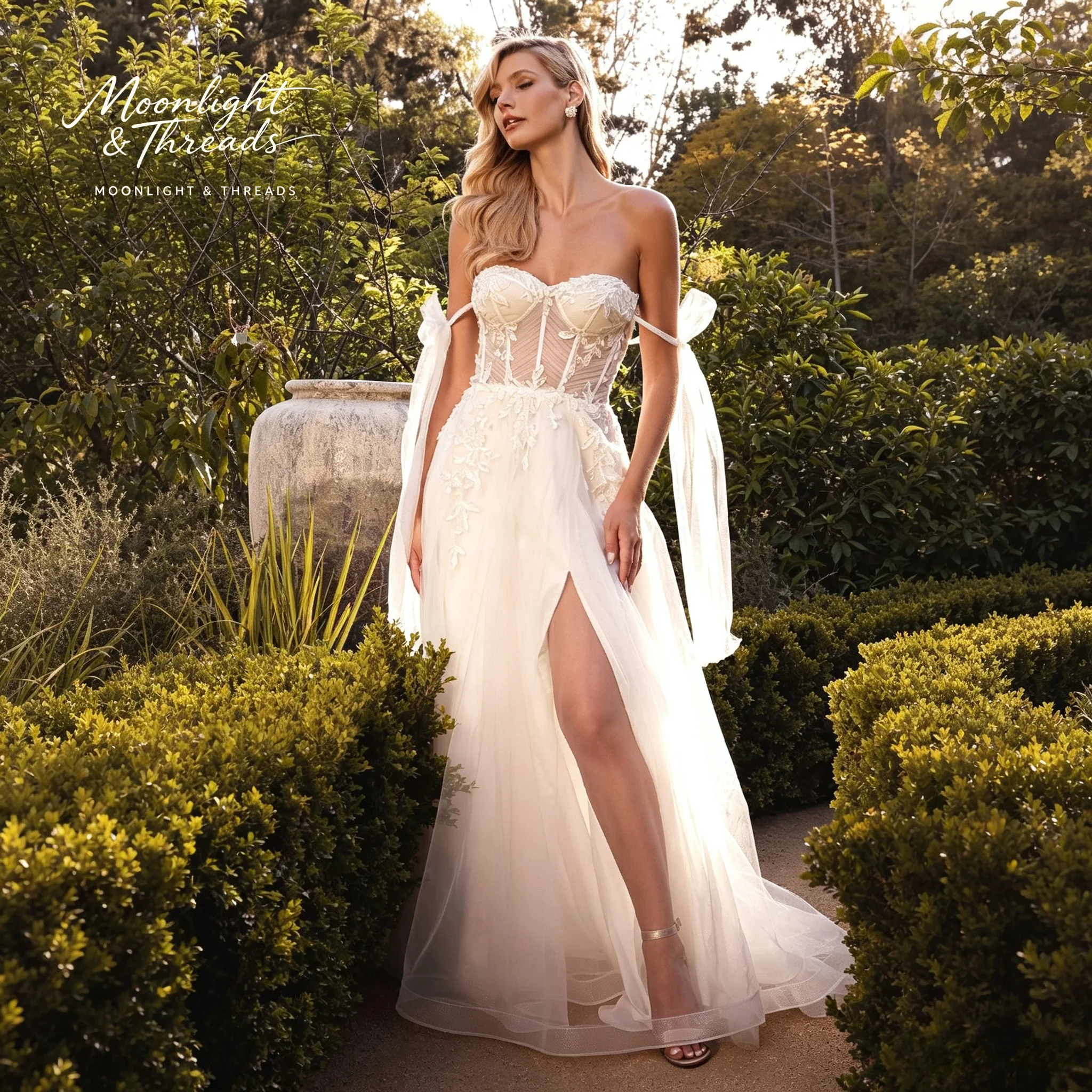 Ivory white strapless sleeveless ball gown floor-length formal occasion wedding dress with embroidered fishtail hem