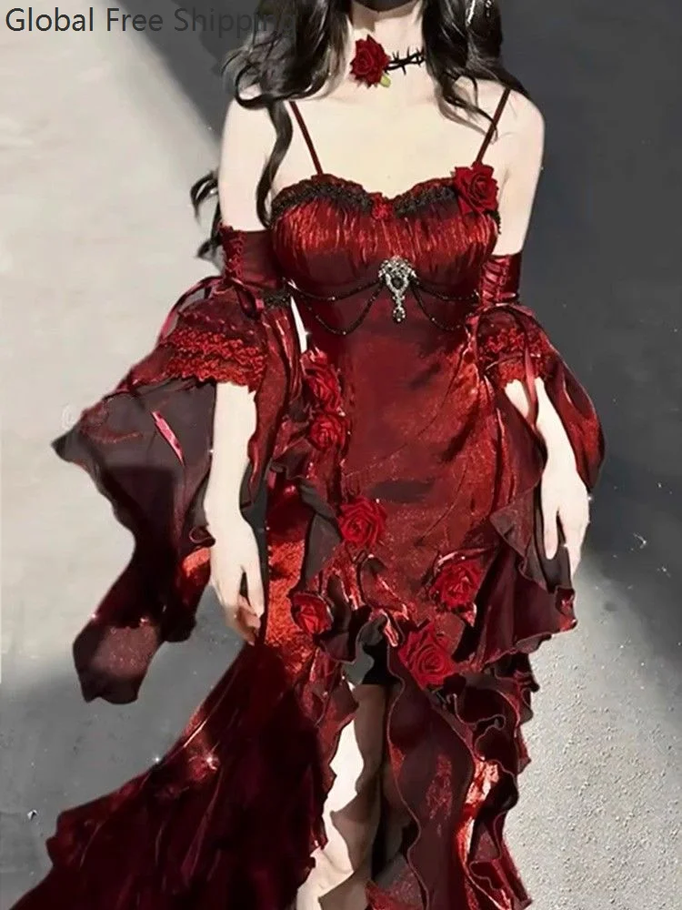 Red Rose Dress Ladies' Cosplay Lolita Mermaid Dress Christmas New Year Party Elegant Goddess Lolita Adult Gown Fishtail Skirt