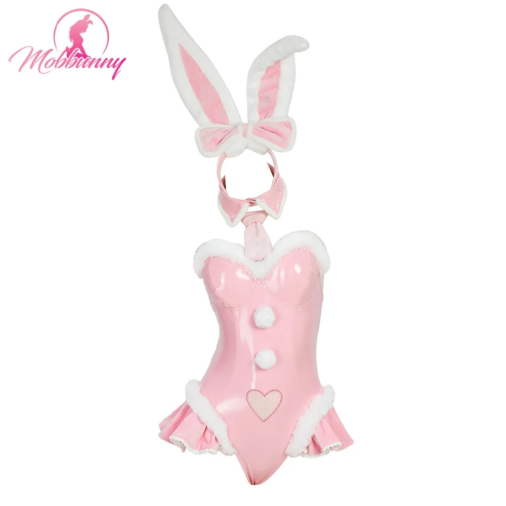 MOBBUNNY Women Lingerie Pink Bunny Girl Christmas Cosplay Costume Furry Heart Cutout Bodysuit with Bunny Ears Headaband and Tail