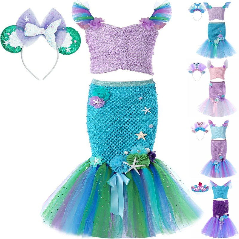 Fishtail Mermaid Tutu Skirt Outfits Tops+Tulle Skirt Girls Kids Birthday Clothes Long Little Mermaid Princess Tutu Costume Set1-