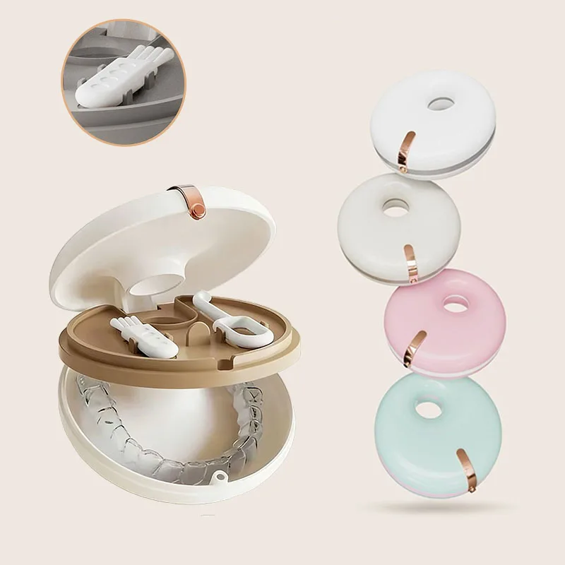 Double-layer Denture Storage Box Portable Doughnut Design Invisible Braces Box Orthodontic Storage Container