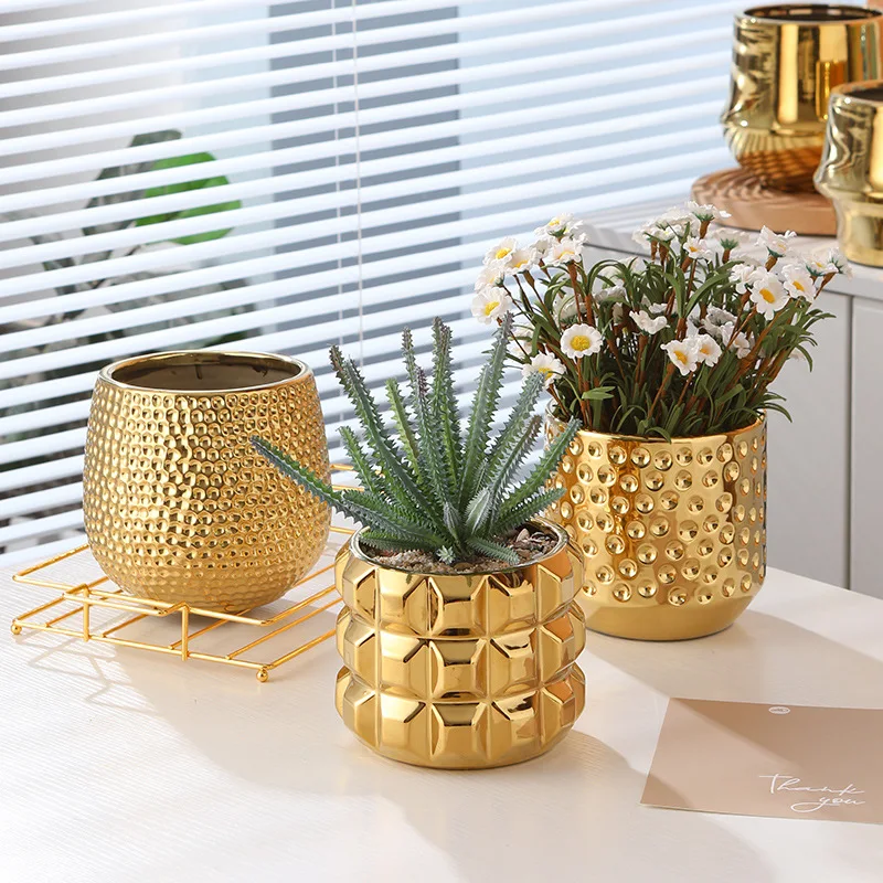 Office gold ceramic flower pot Phalaenopsis orchid pot electroplating advanced potted plant green plant flower device