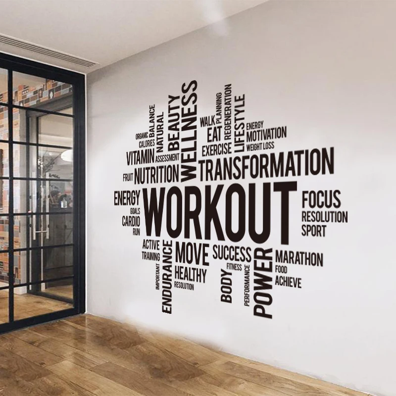 Gym Workout Word Cloud Wall Sticker Office Crossfit Fitness Inspirational Motivational Quote Wall Decal Sport  Training Club