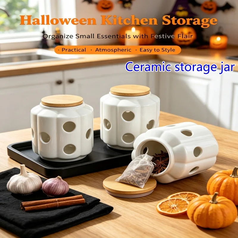 New Nordic Ceramic Storage Jar Halloween Candle Holder Desktop Organizer Kitchen Spice Container Home Decor Bamboo Lid