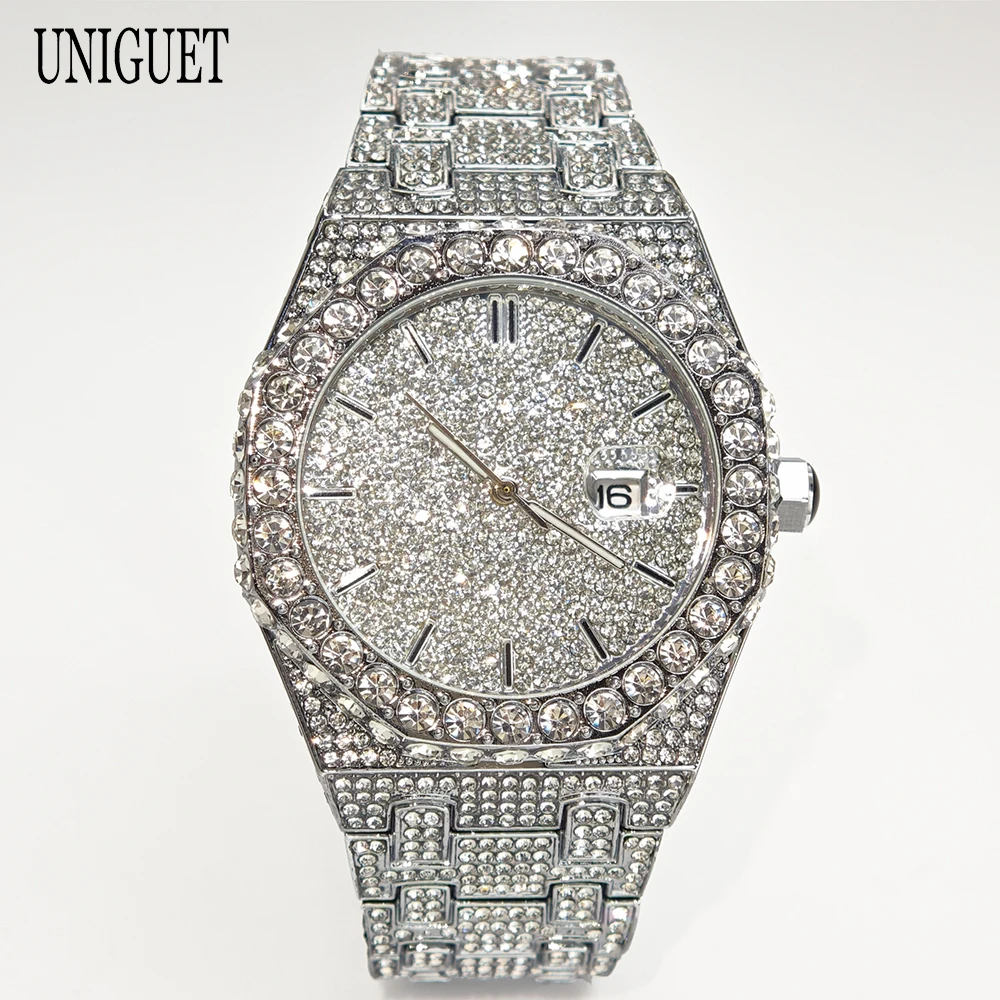 Luxury Fashion Men Iced out Diamond Watch Top Brand UNIGUET Hip Hop Bling Waterproof Date Clock for Stylish Accessories 2025 New