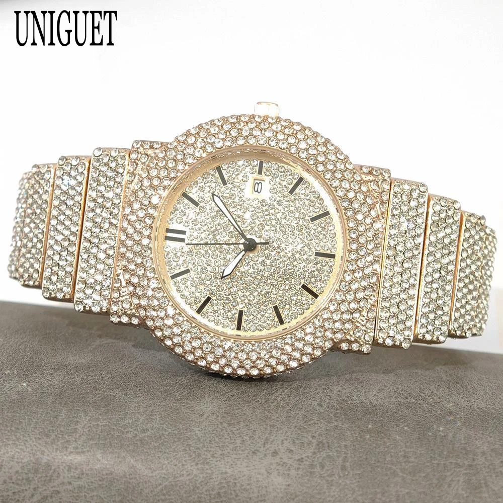 2025 UNIGUET Men's Fashion Iced Watches Luxury Hip Hop Full Diamond Jewelry Quartz Waterproof Business Wrist Watch for Men New