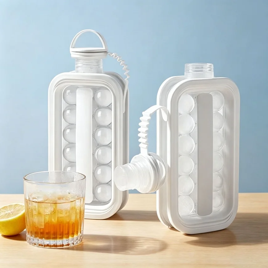 2 in 1 Ice Ball Maker Silicone Cup Ice Cube Mold Portable Ice Hockey Water Bottle Ice Tray Storage Box Household Ice Making Tool