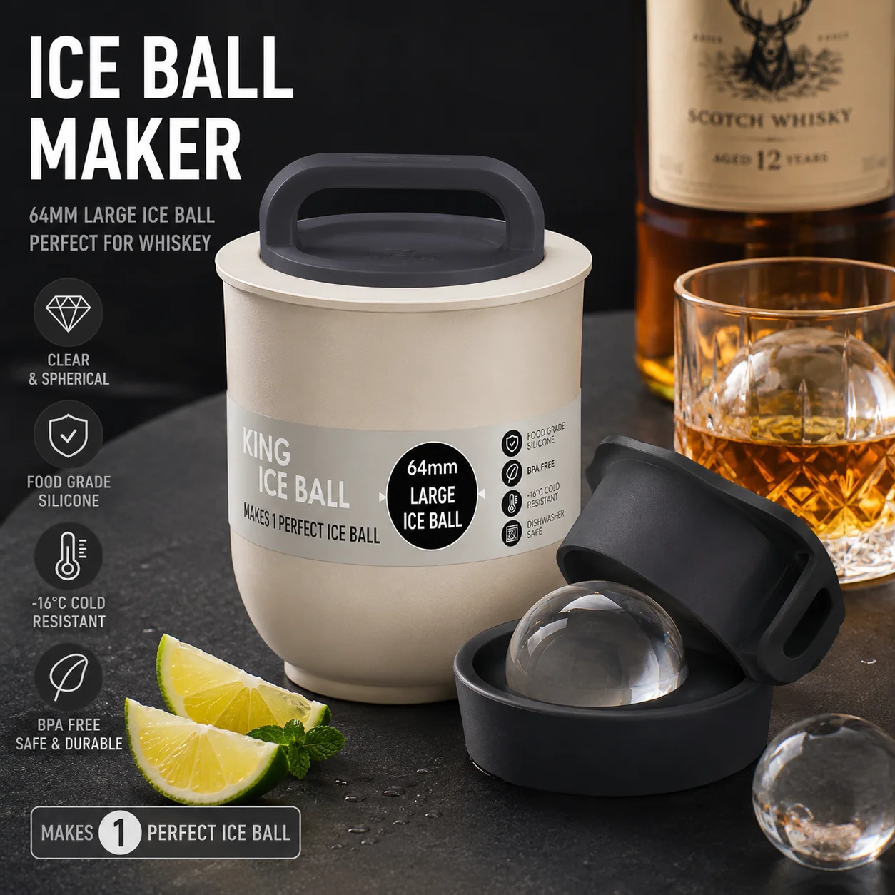 64mm Clear Ice Ball Maker Mold for Whiskey Cocktail Silicone Ice Sphere Tray BPA Free Large Round Ice Cube Mold