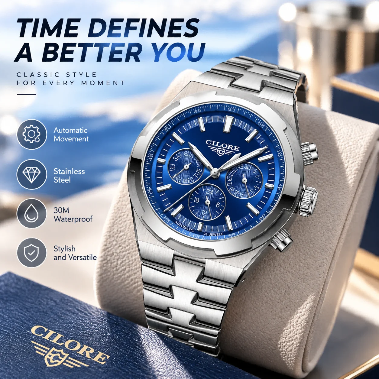 CILORE Luxury Automatic Mechanical Watch Men Blue Dial Sport Business Wristwatch Calendar 50M Waterproof Fashion Gift For Man
