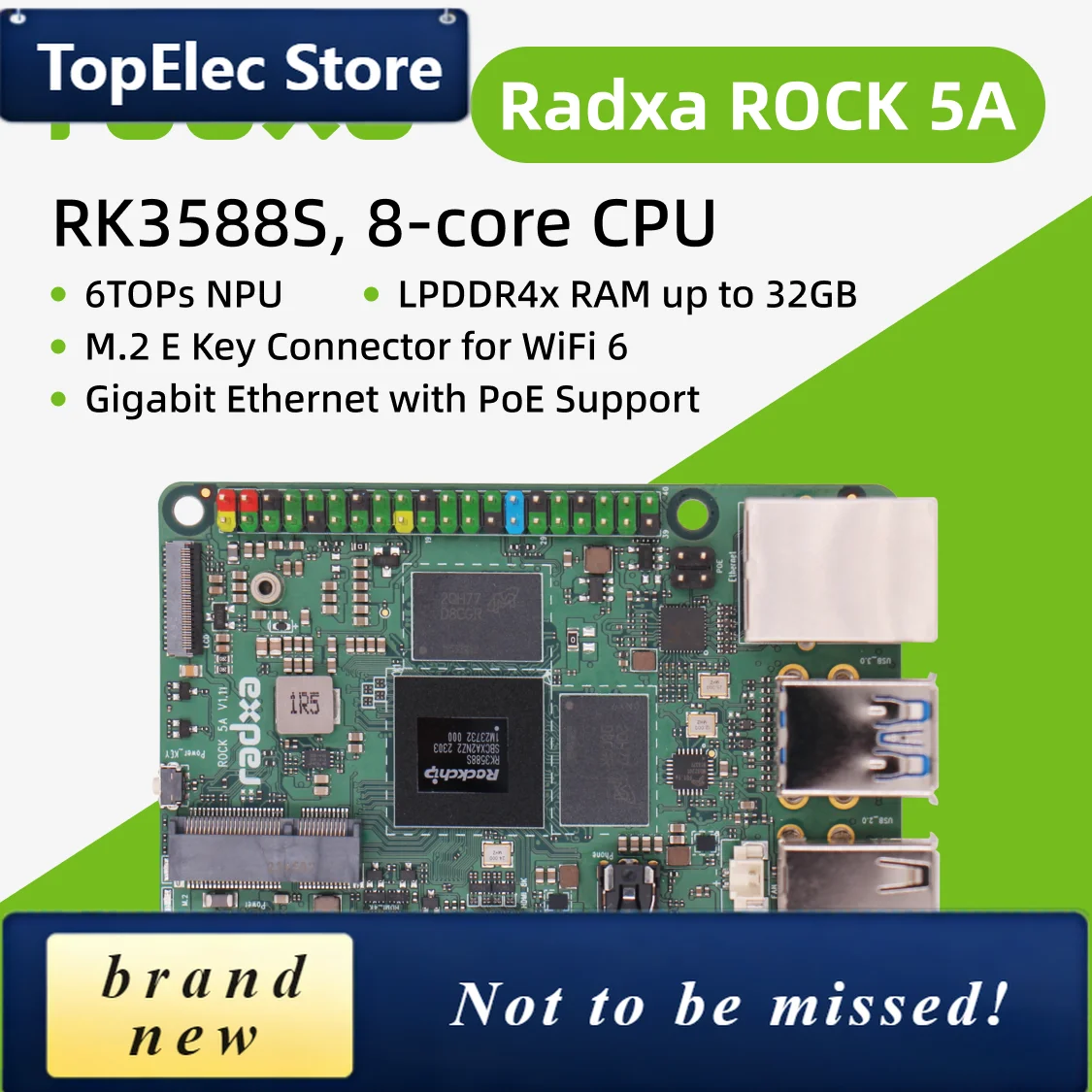 TopElec Radxa ROCK 5A GREEN RK3588S, 8-core CPU SBC, HDMI with 8K Output, WiFi 6 Support and Gigabit Ethernet, Single Board Comp