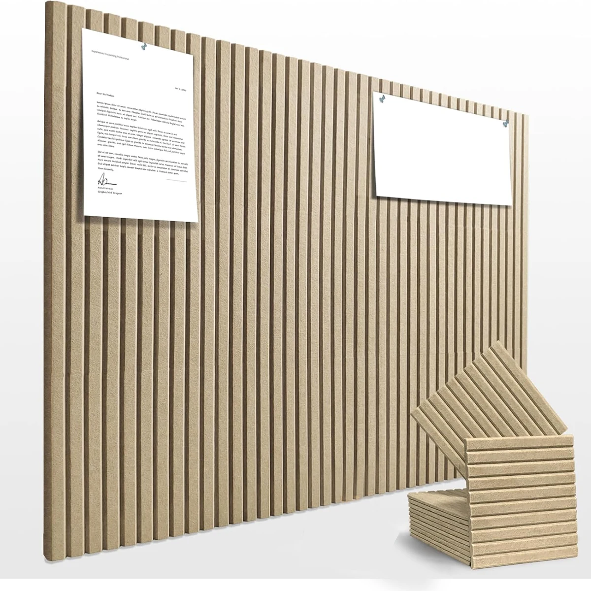 6x Large Wall Panel Decorative Fluted Felt Tiles Self-Adhesive Acoustic Panel Bulletin Cork Pin Board for Home Office Room Decor