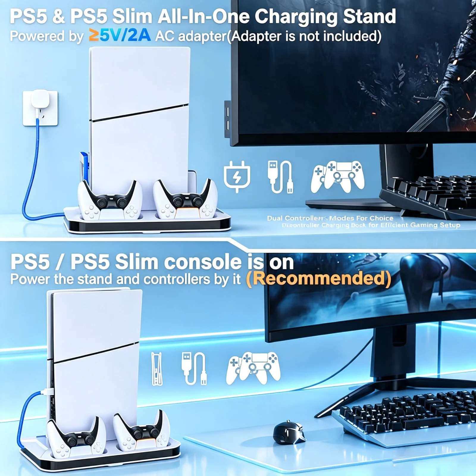 Multi-Function Charging Dock for PS5 Pro PS5 Slim Dual Controller Charger Cooling Stand Gaming Accessories