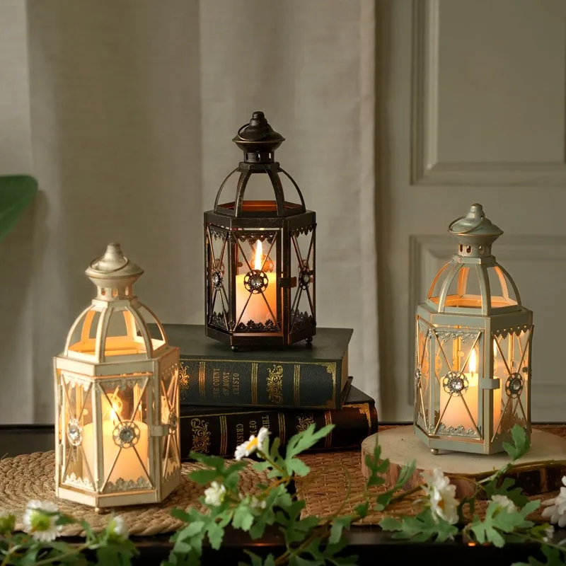European Candle Holder Desktop Retro Wrought Iron Wind Lamp Ornament Outdoor Camping Light Candlestick Windproof Decorative
