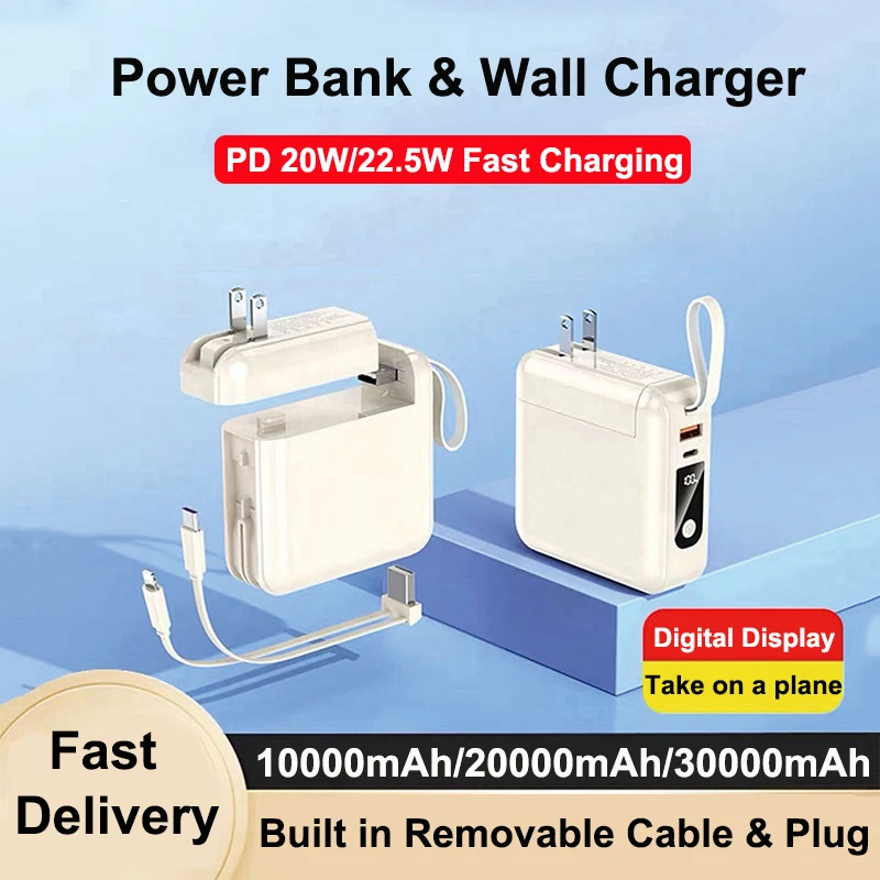 Power Bank 30000mAh With Cable AC Plug Wall Charger 22.5W Fast Charging Powerbank for iPhone 16 Samsung Xiaomi External Battery