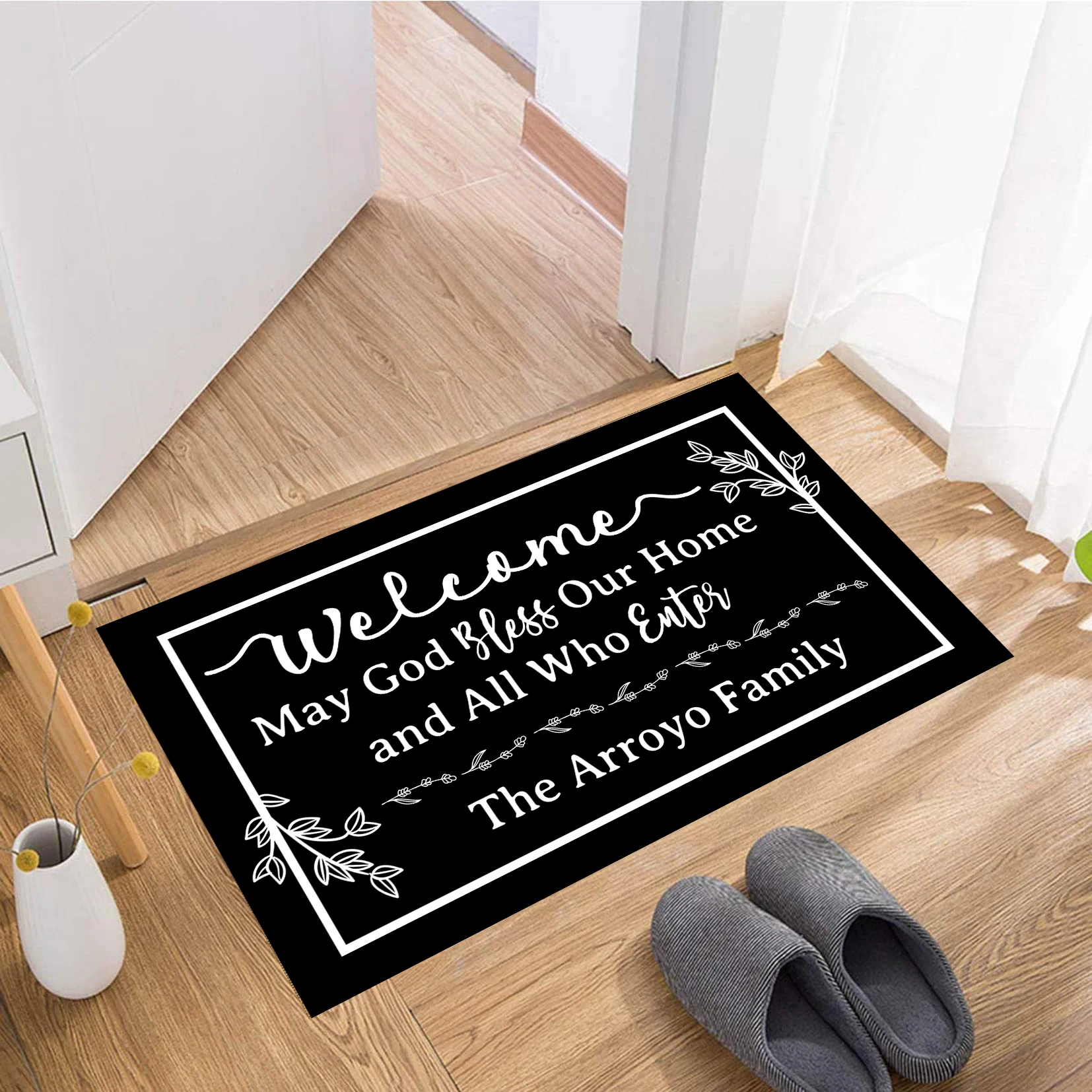 Personalized Family Name Doormat 'May God Bless Our Home' Anti-Slip Rubber Backing Entrance Welcome Rug for Home Decor