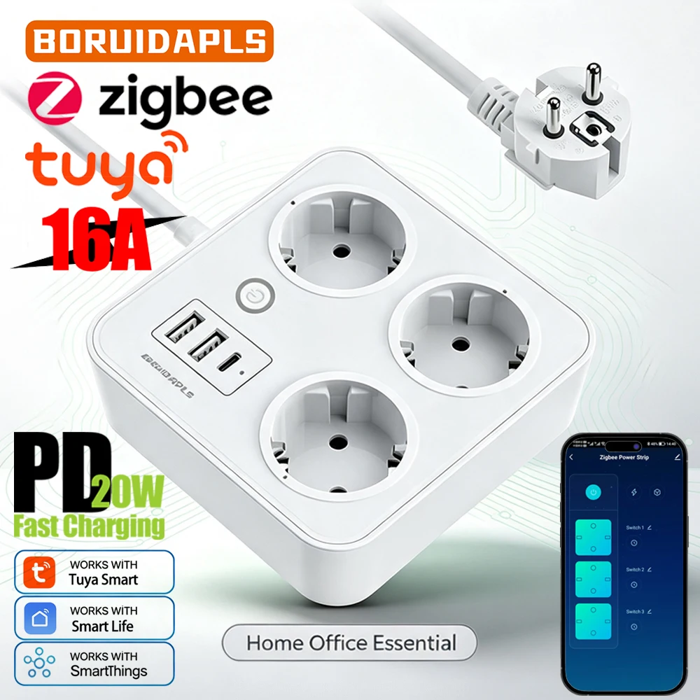 BORUIDAPLS ZigBee Smart Power Strip Energy-saving Metering Smart Socket PD20W Type-C Tuya Alexa Remote Voice Kitchen Accessories