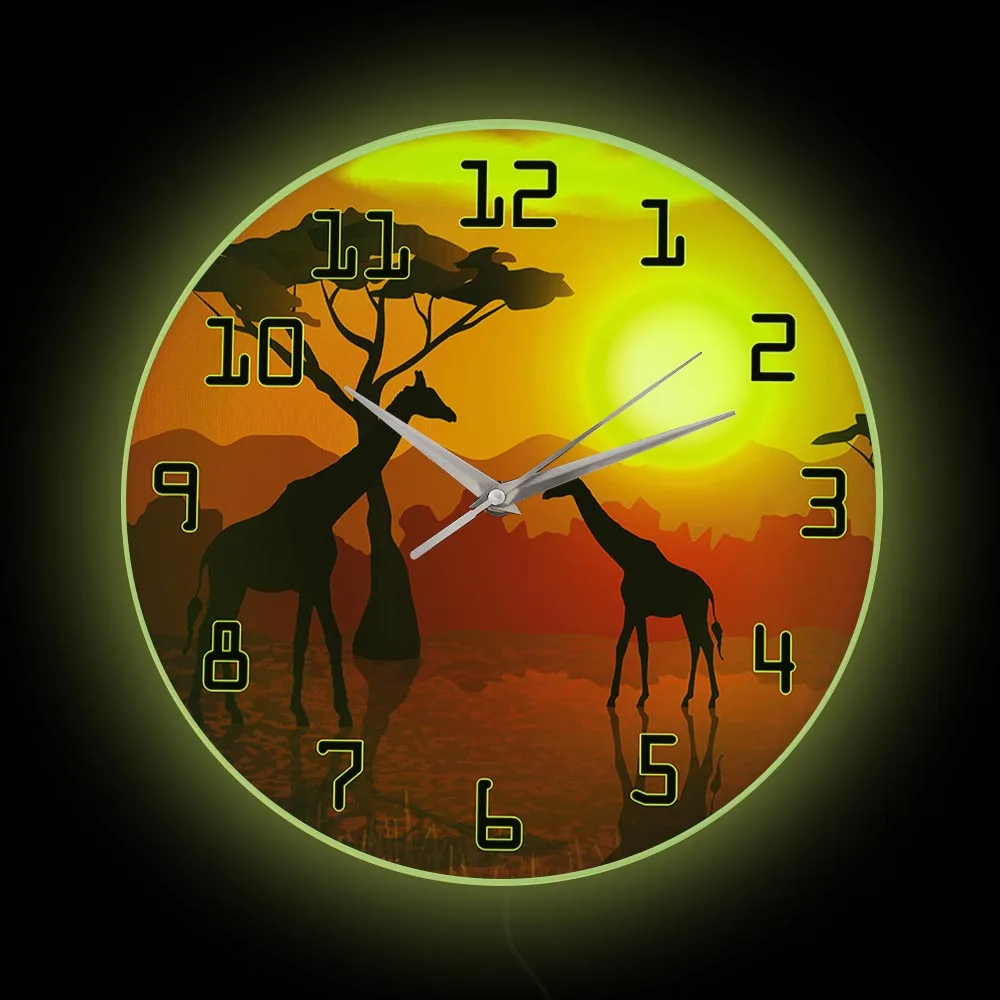 Safari Giraffe LED Wall Clock With Backlight For Bedroom African Landscape Wildlife Animal Home Decor Wall Clock Glow in Dark