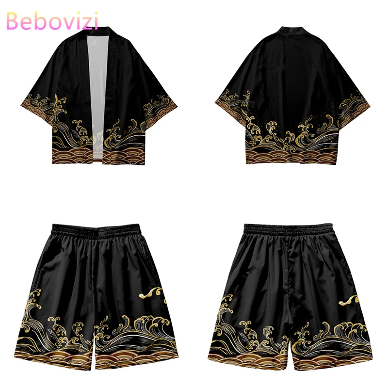 Hot Sale Two-piece Suit Japanese Cardigan Women Men Cosplay Yukata Clothing Harajuku Retro Samurai Kimono Shorts Pants Sets 6XL