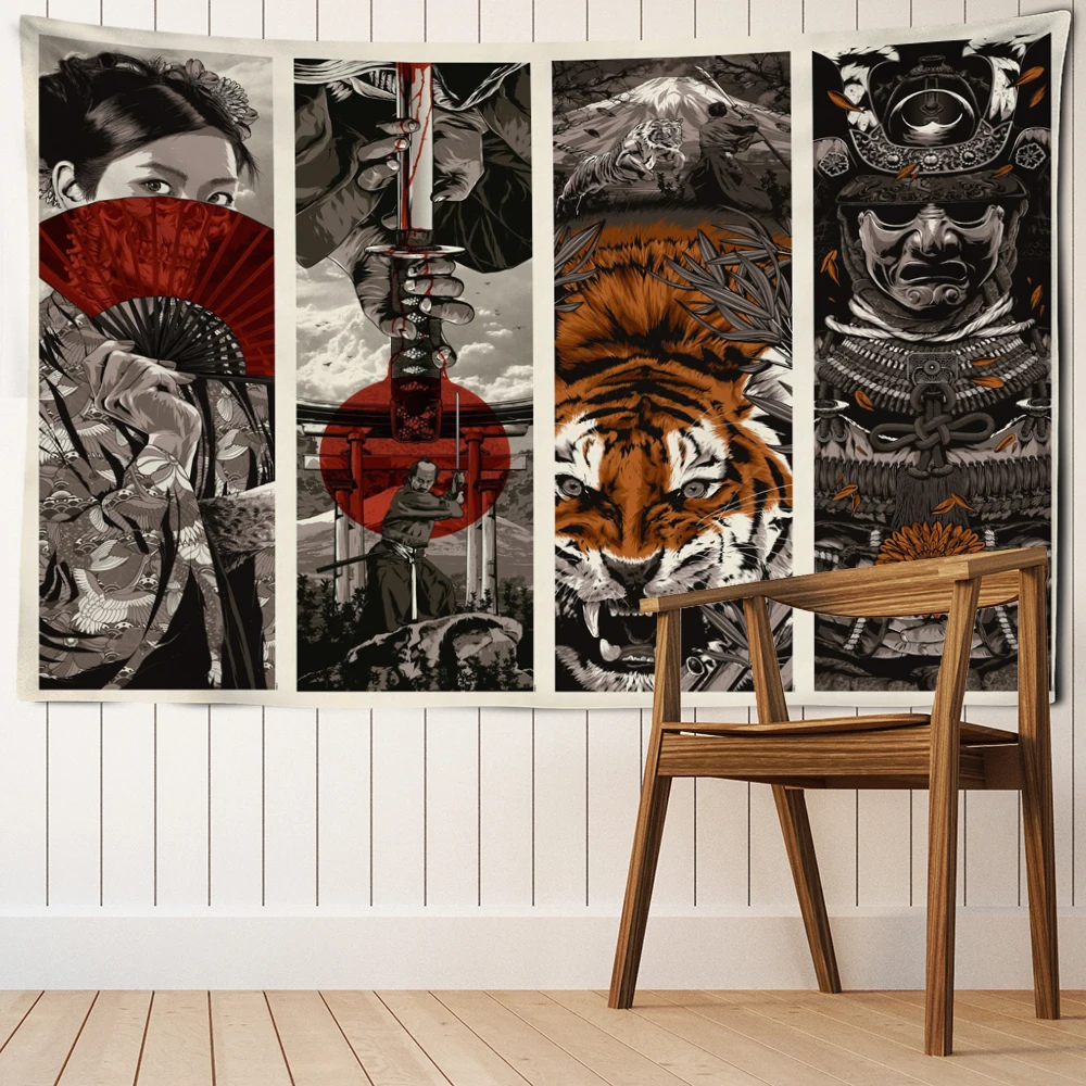 Japanese Samurai Ukiyo-e Tiger Tapestry Wall Hanging Boho Hippie Tapiz Living Room Wall Art Home Decor
