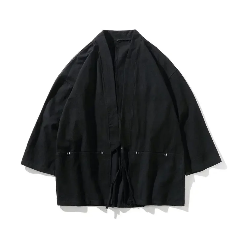 Traditional Japanese Style Fashion Men Retro Cardigan Samurai Kimono Haori Japan Warrior Yukata Obi Asian Coat Adult Clothing