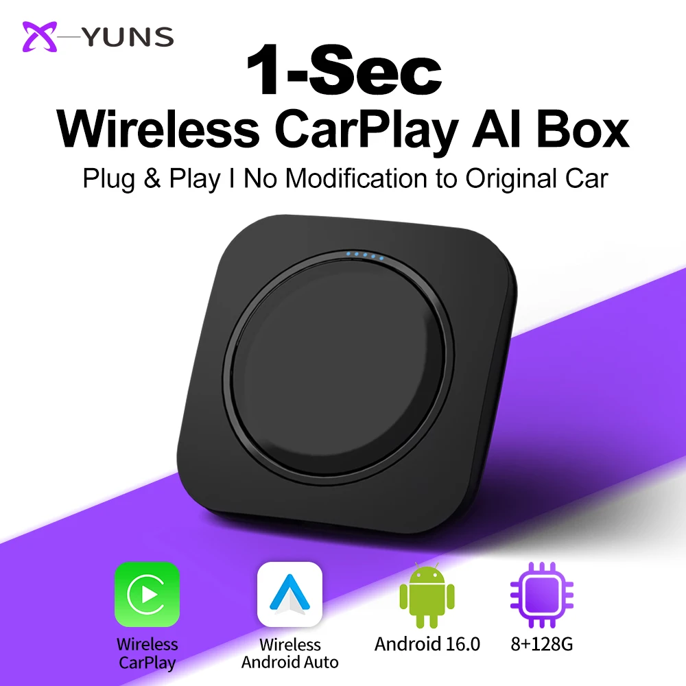X-YUNS 8+128G Wireless CarPlay Adapter Android 16.0 4G LTE Built-in GPS Wireless Android Auto AI Box Plug&Play Support Netflix