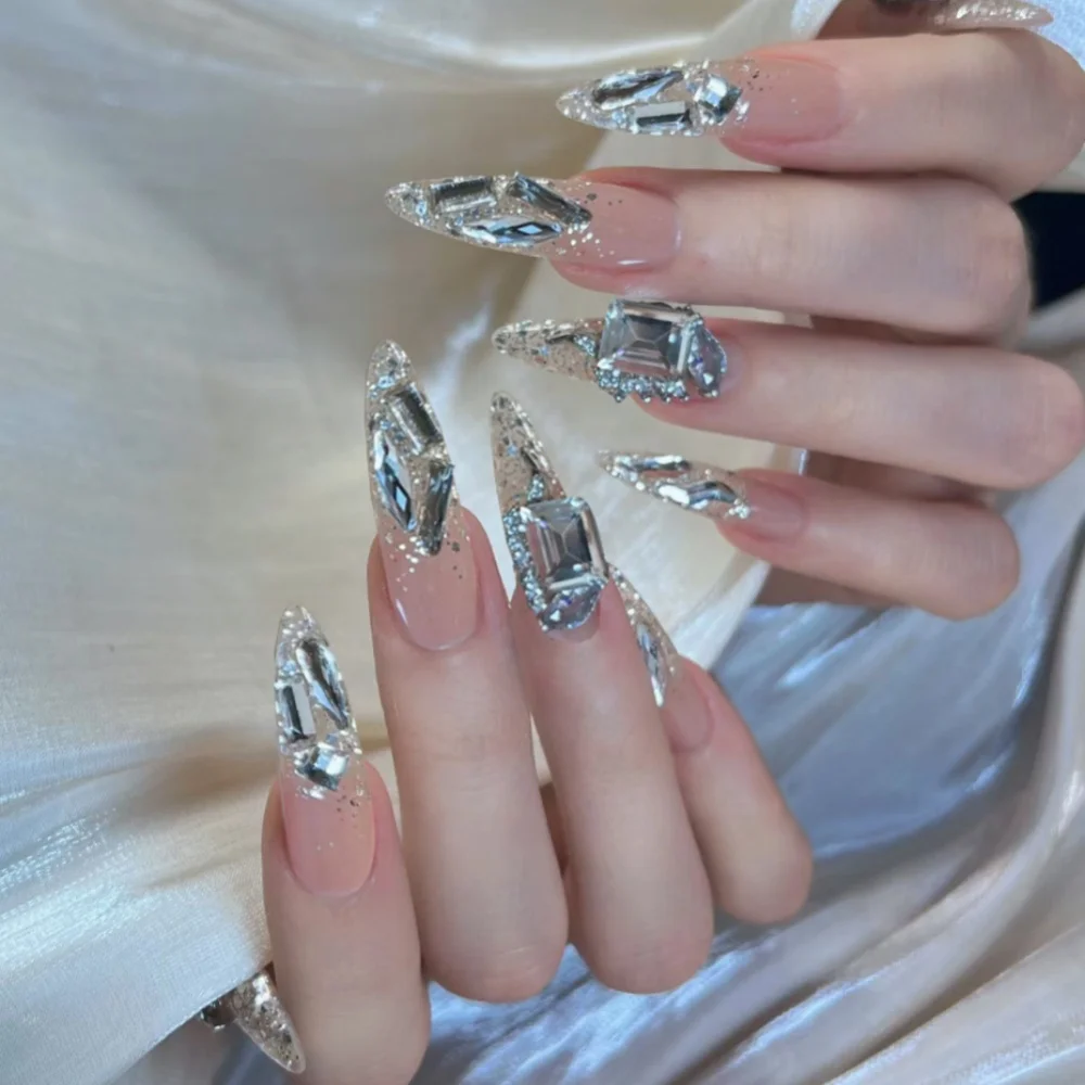 24pcs Diamond Stiletto Nails Sets Press on  False Nails To Stick Shiny Powder Gradient Tips Fake Nail Long Almond Acrylic Nail
