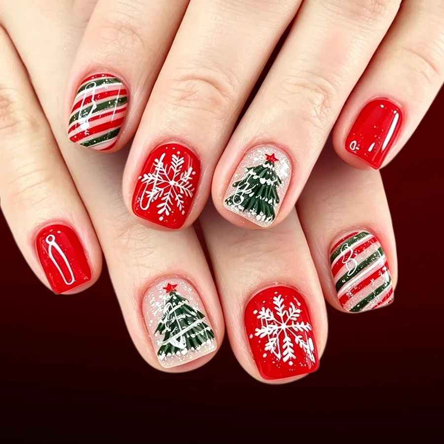 24Pcs Christmas Tree Design False Nails Red Green White Striped Snowflake Nails Press on Shiny Powder Square Reusable Fake Nail
