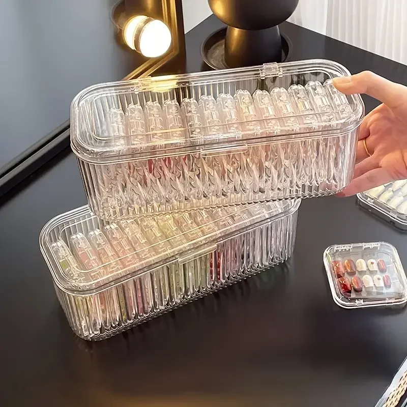Storage Box Cosmetic Storage Box Transparent Stripe Rectangular Cover Dust Proof Handmade Nail Sealed Table Top Packaging Box