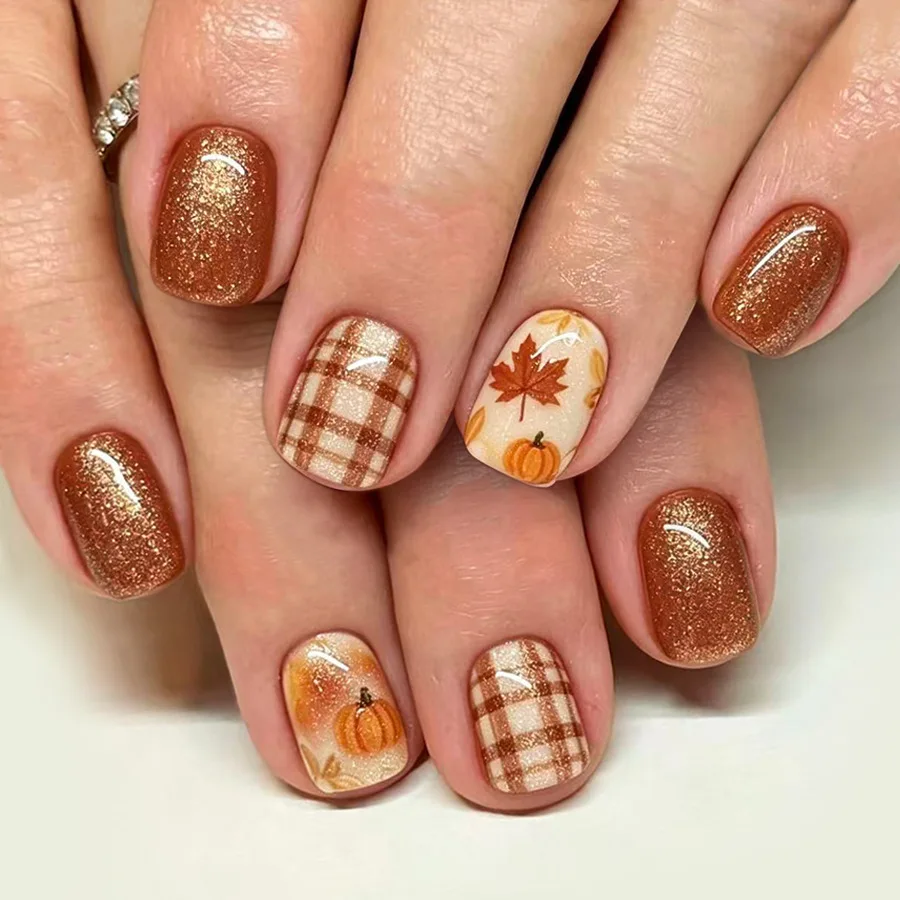24Pcs Burnt Orange Plaid Shiny Powder Acrylic Press on Nails Pumpkin Maple Leaf Fake Nail Short Square Reusable False Nails Tips