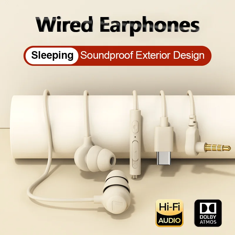 Type C Wired Headphones In-Ear Silicone Headset Noise Reduction 3.5mm Sleeping Earphones With Mic For Samsung Galaxy S25 iPhone